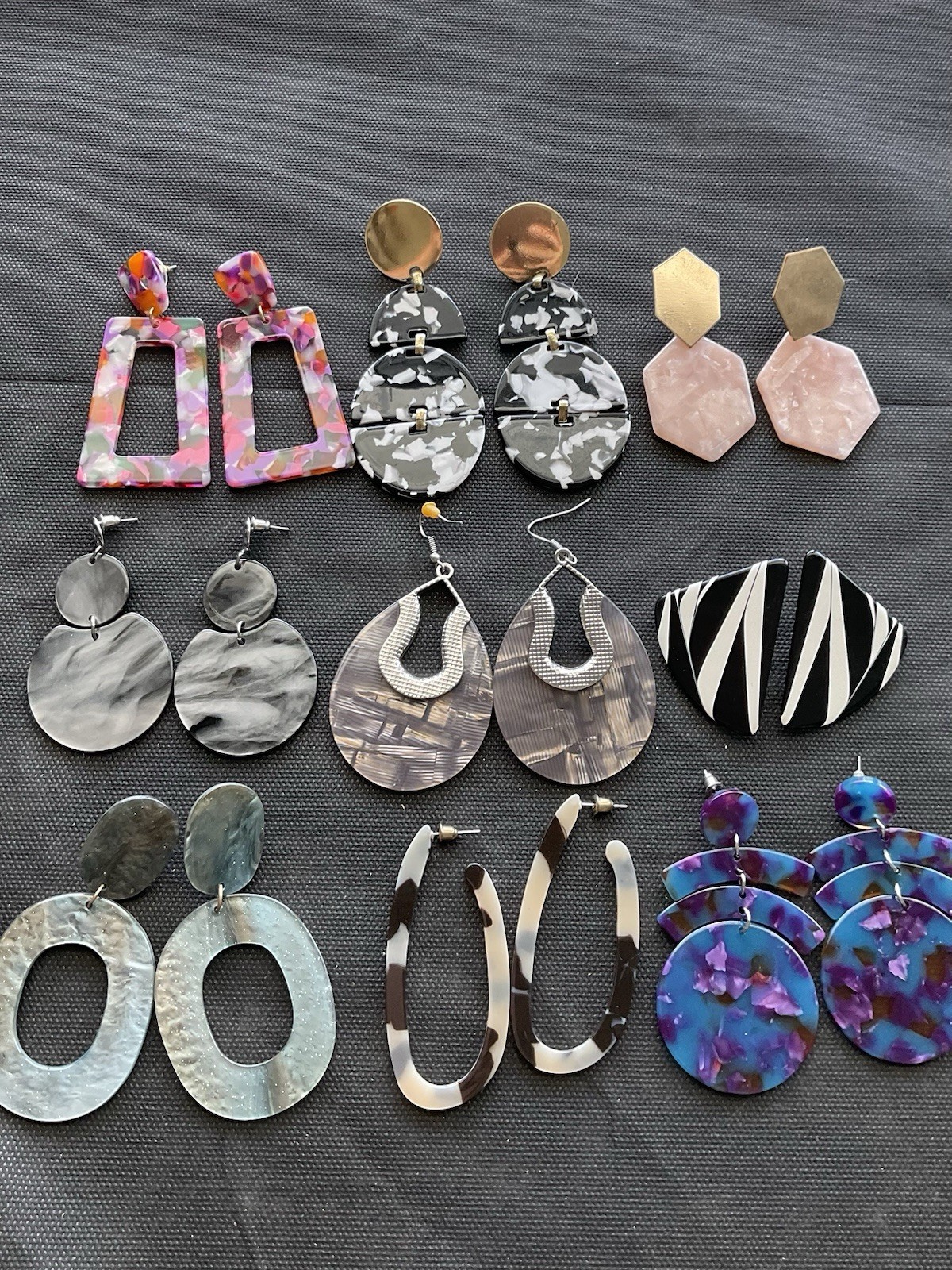 Lot Of 9 Pairs Vintage Acrylic Plastic & Resin Earrings Assorted Colorful Fun