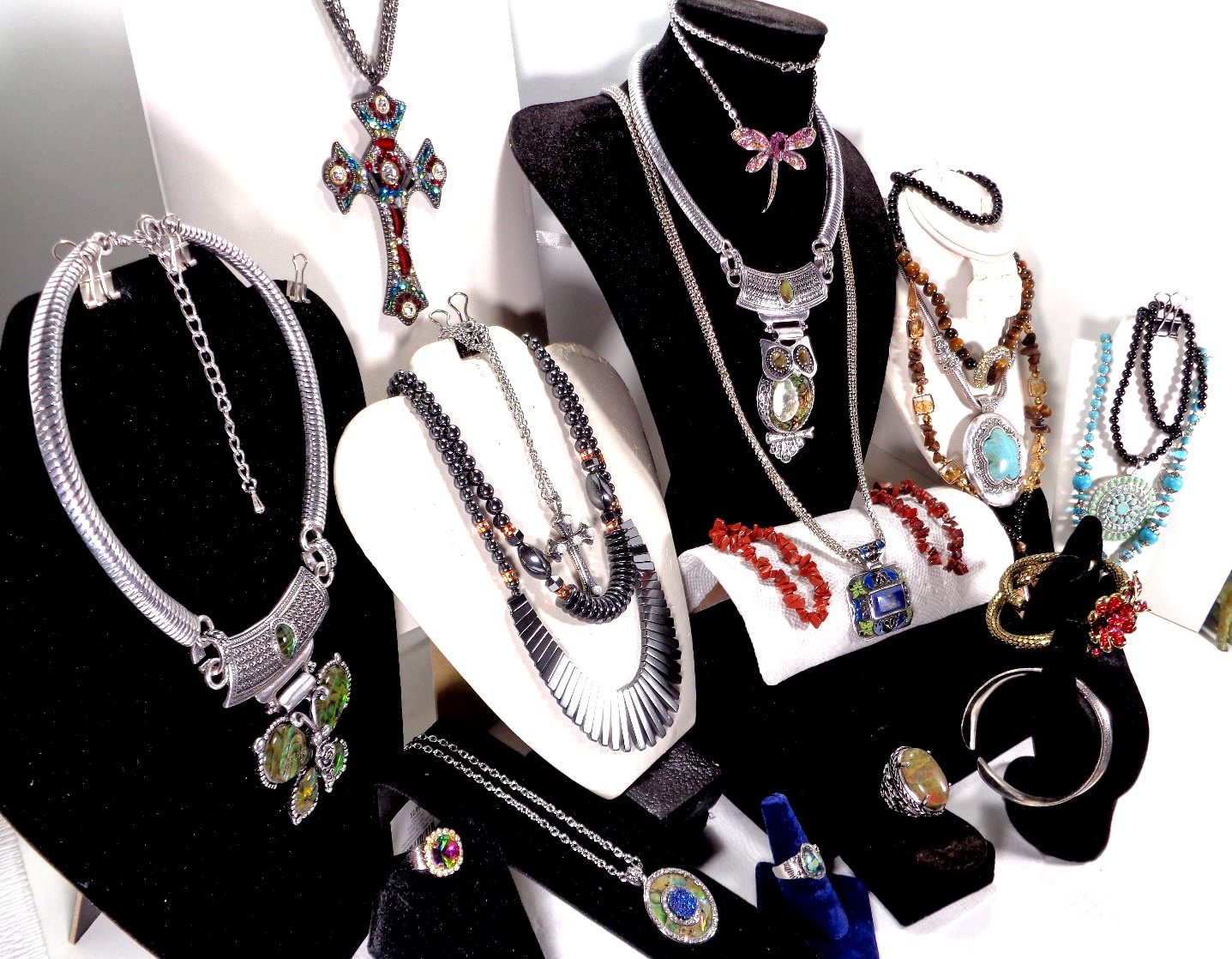 Chunky Mix Blue Red Rhinestone Figural Stone Necklace Bracelet 22 Pc Jewelry Lot