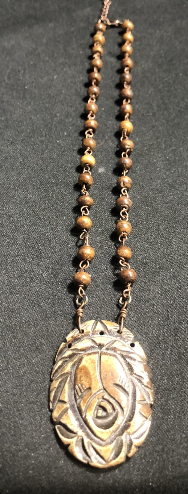 Vintage Estate Sale Rose wood style Beaded with Medallion Necklace-Approx 14″