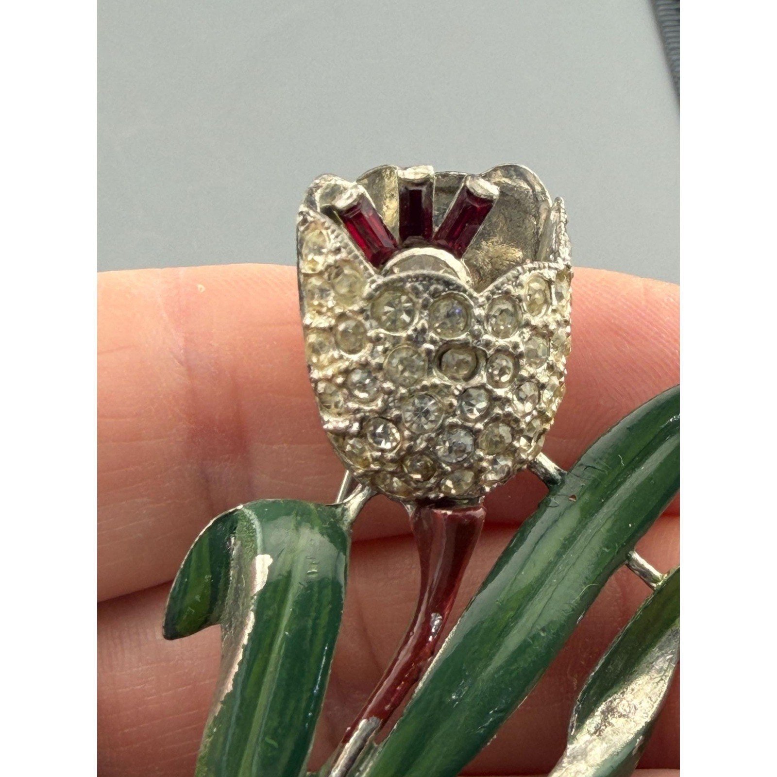 Vintage Coro Brooch Adolph Katz Trembler Tulip Flower Rhinestone Pot Metal