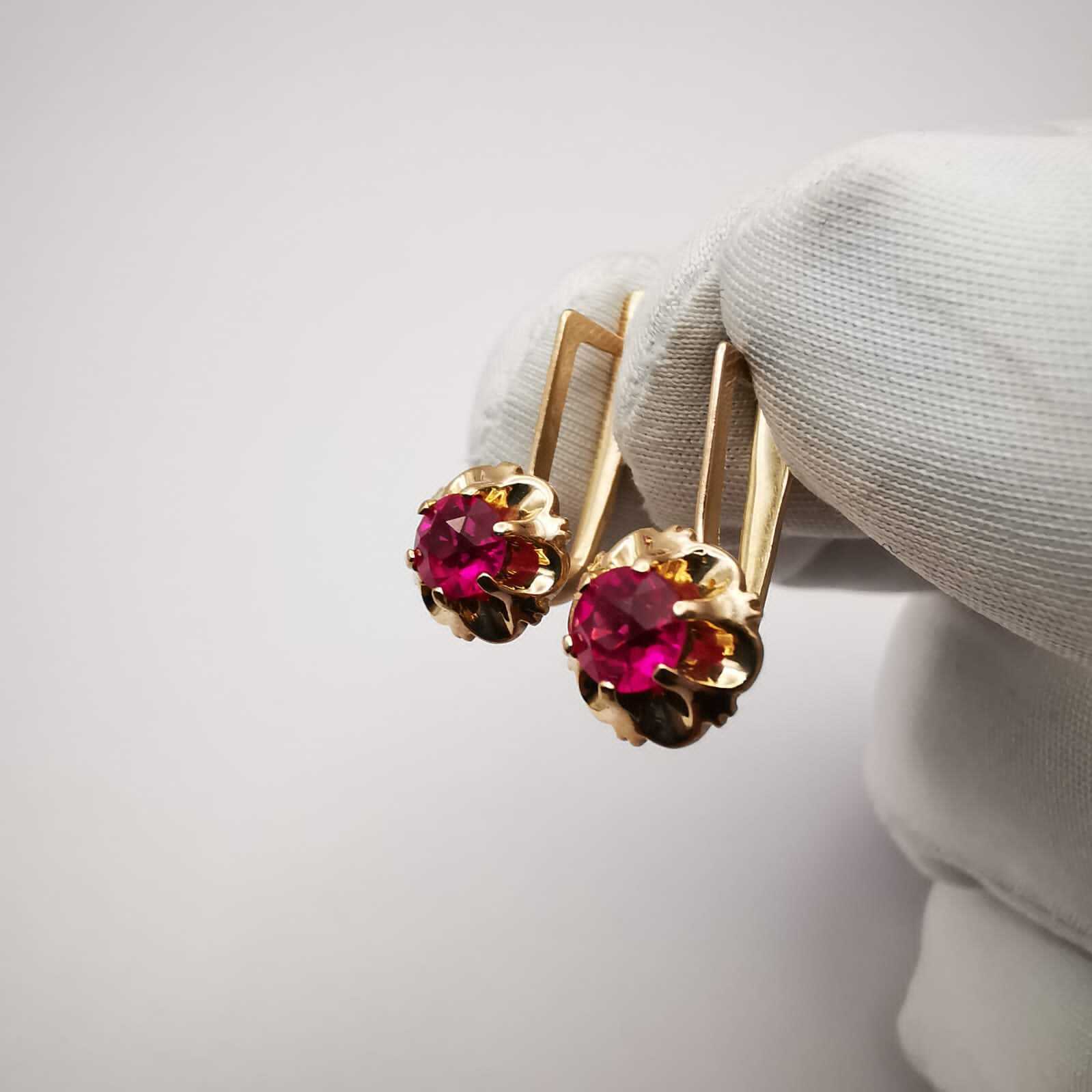 USSR Vintage Earrings Rose Gold 583 14K Star Jewelry Ideal Condition Ruby 4.4g