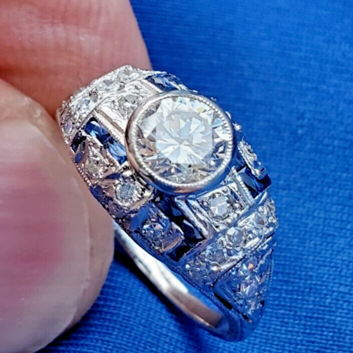 Original EARTH MINED DIAMOND Deco Engagement Ring Platinum Sapphire Solitaire 6
