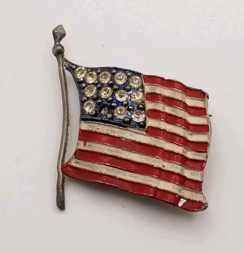 Antique Signed Little Nemo LN/25 Cast Metal American Flag W Rhinestone Accents