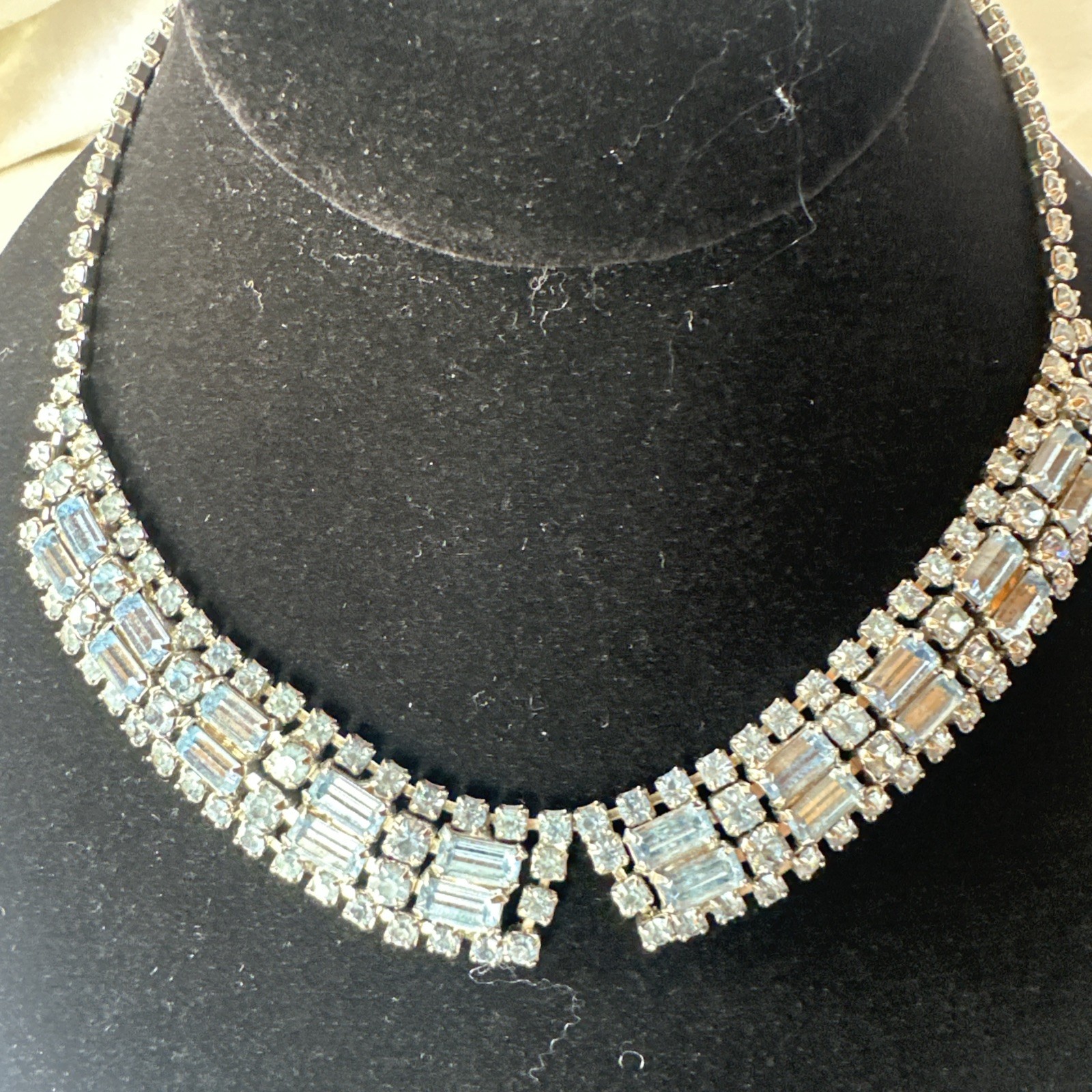 Vintage 1950 Blue Rhinestone Baguette Necklace And Bracelet