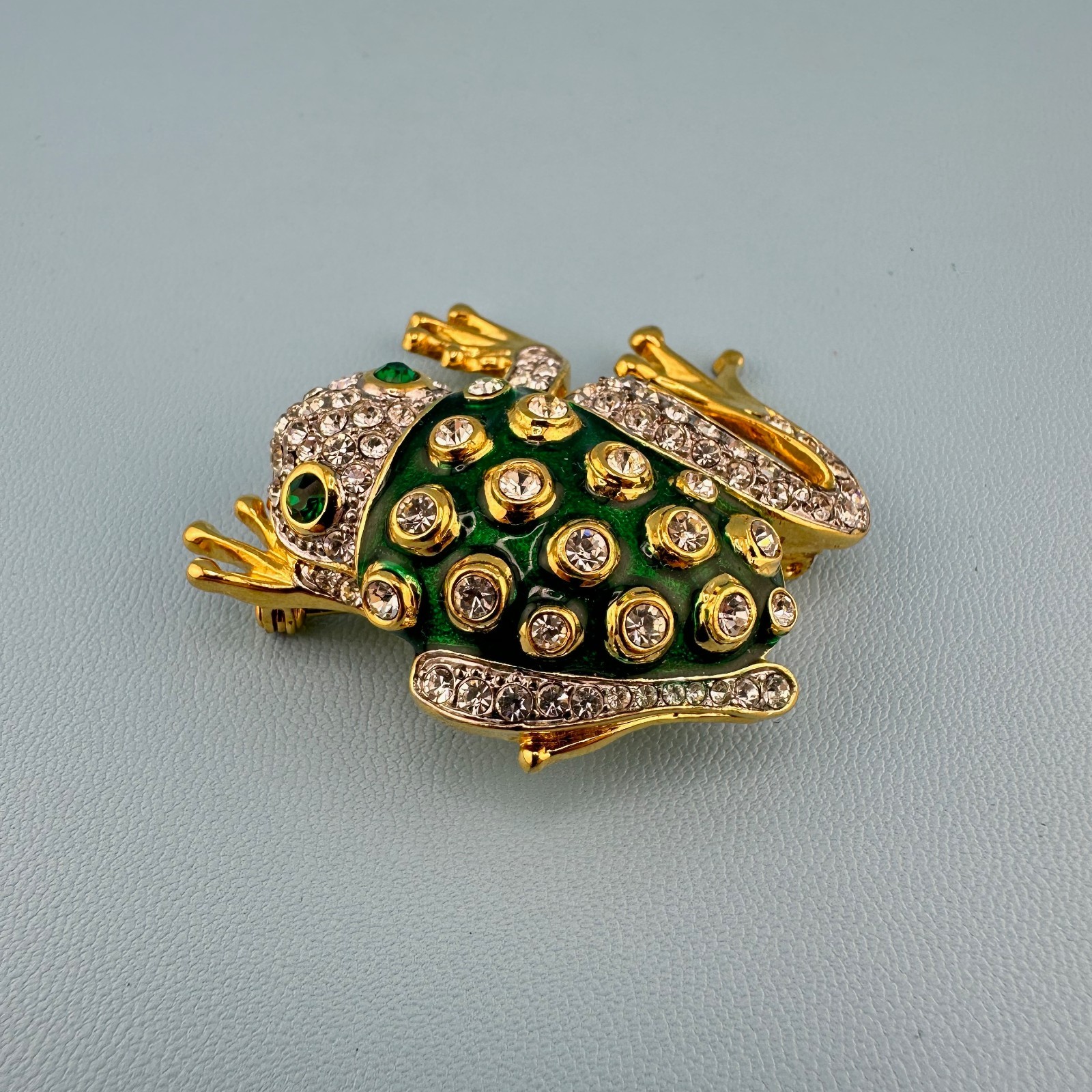 Vintage Rhinestone Green Enamel Frog Brooch Shiny Gold Tone Leap Jump Figural