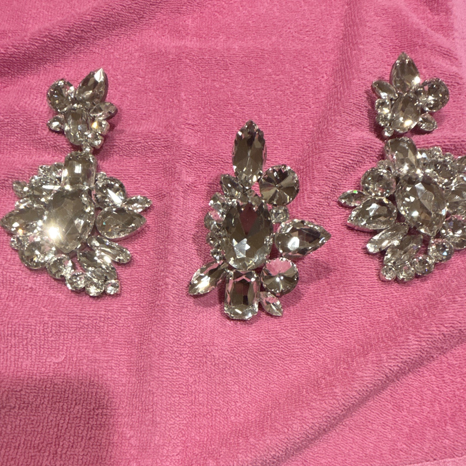 Silver Tone Clear Rhinestone Cluster Dangle Clip-On Earrings Set, 3-Piece