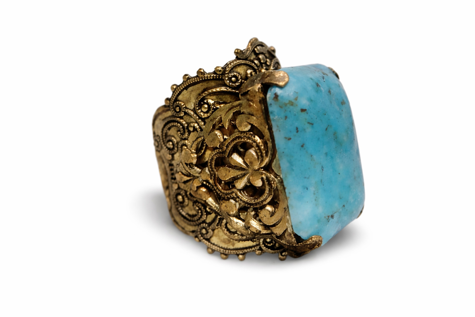 Vintage Large Statement Ring Brass Filigree Setting Blue Peking Glass Adjustable