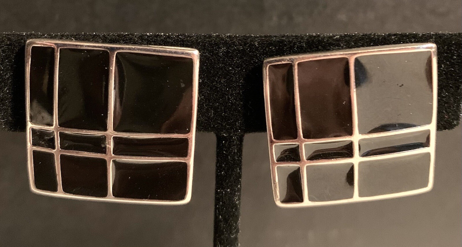 Black & Silver Enamel Retro Geometric Clip-On Earrings Square Vintage