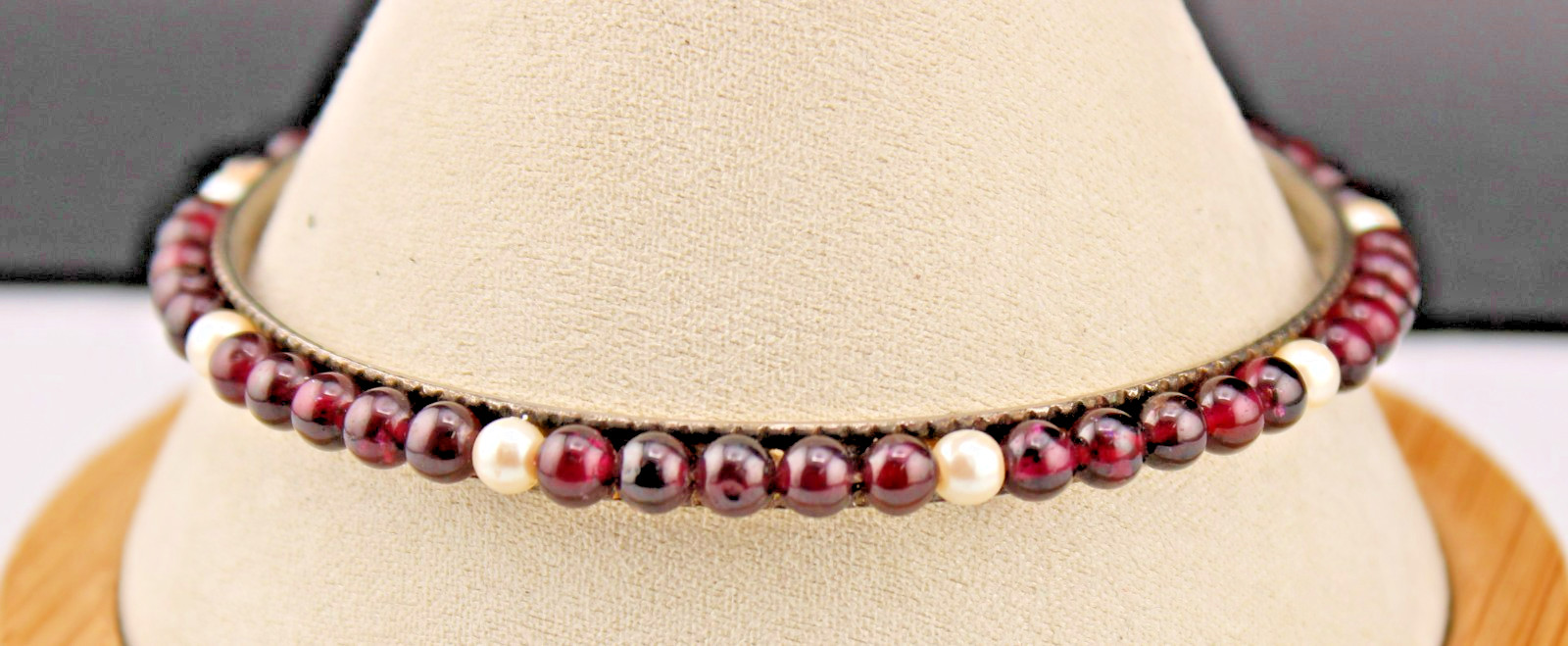 Elegant Vintage Garnet 🫧Pearl Bead Bangle Bracelet 7″ Med Silver Plated