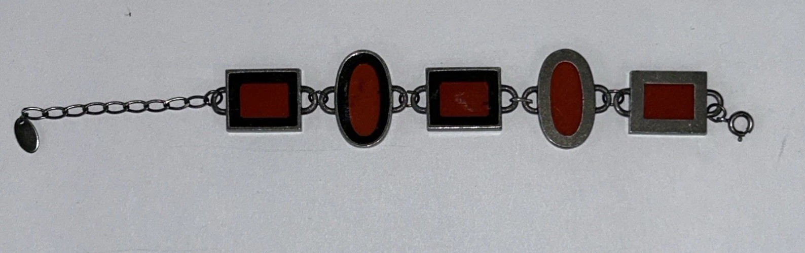 Vintage Bracelet Red Art Glass Retro Era Rectangle Silver Tone