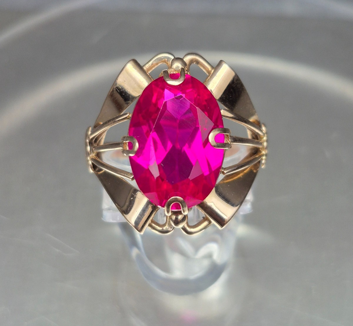 Vintage Soviet 14K Rose Gold Ring 583 with Ruby Stone • Original USSR Jewelry