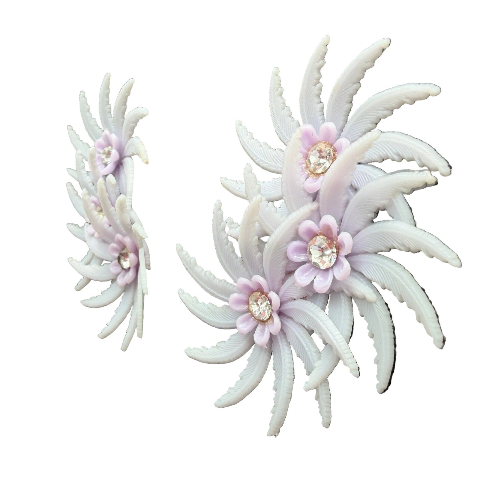 1950s Lavender Plastic Triple Floral Ear Climber Clip Earrings with Rhinestones