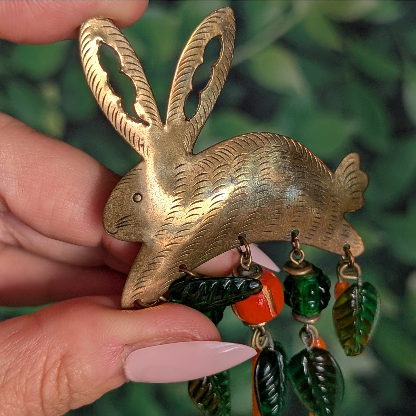 Vintage Artisan Brass Glass Rabbit Brooch Carrots Leaves Etched Bunny Art Pin