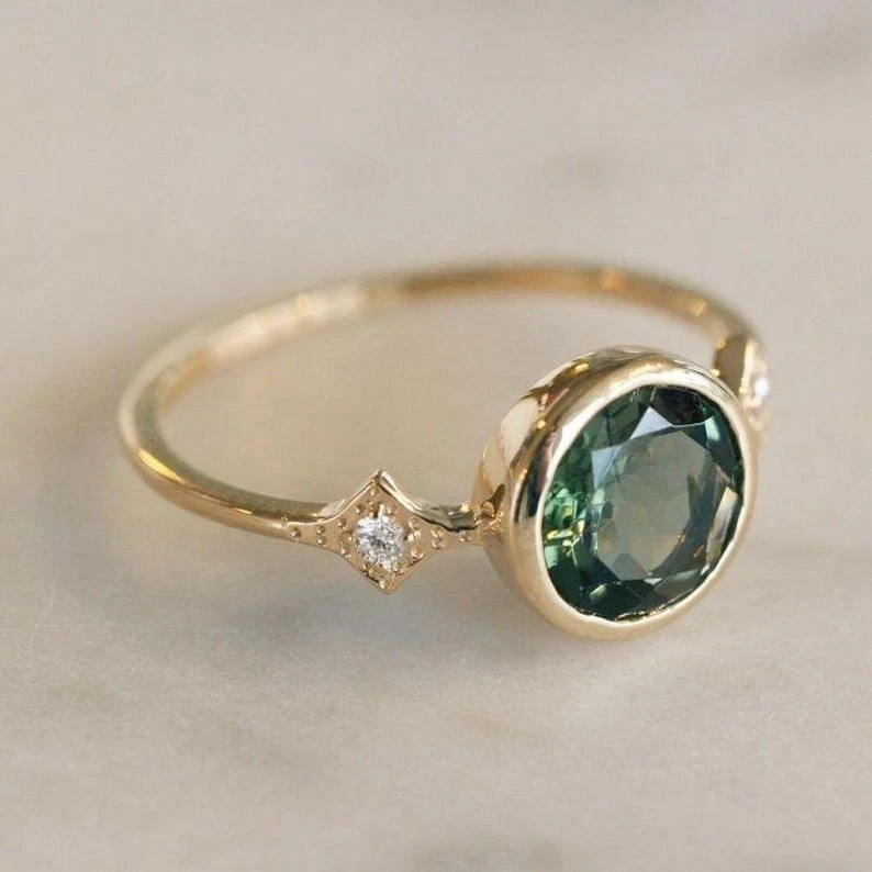 Art Deco Style Round Emerald &Lab Created Diamond14k Yellow Gold FN Wedding Ring