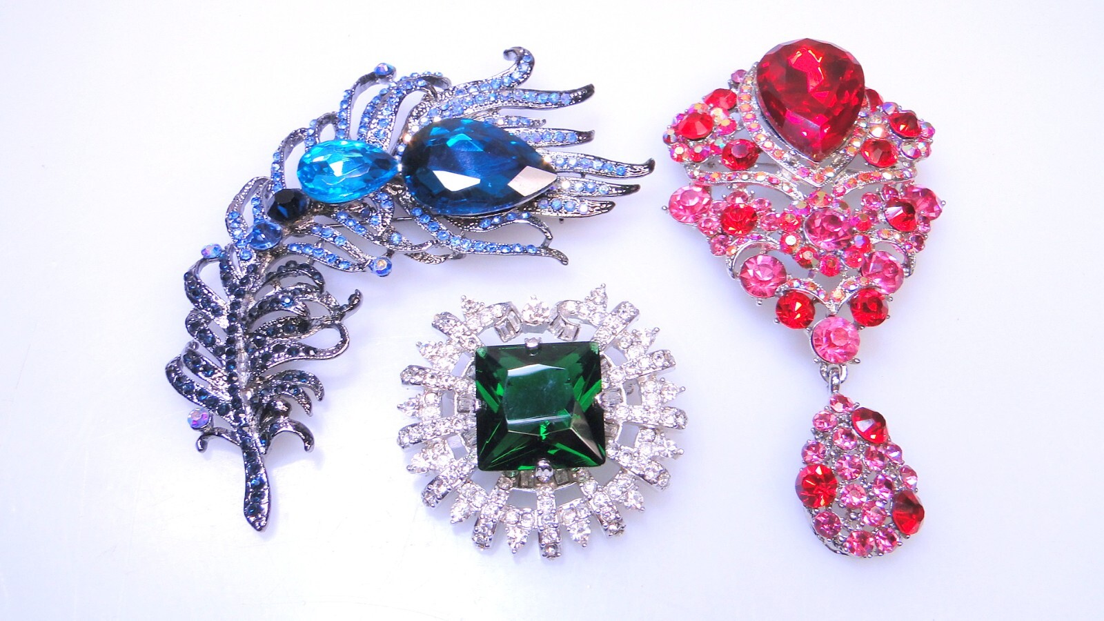Gorgeous Big Rhinestone Pins Red Pink Signed Blue Green 3pc Pin Lot