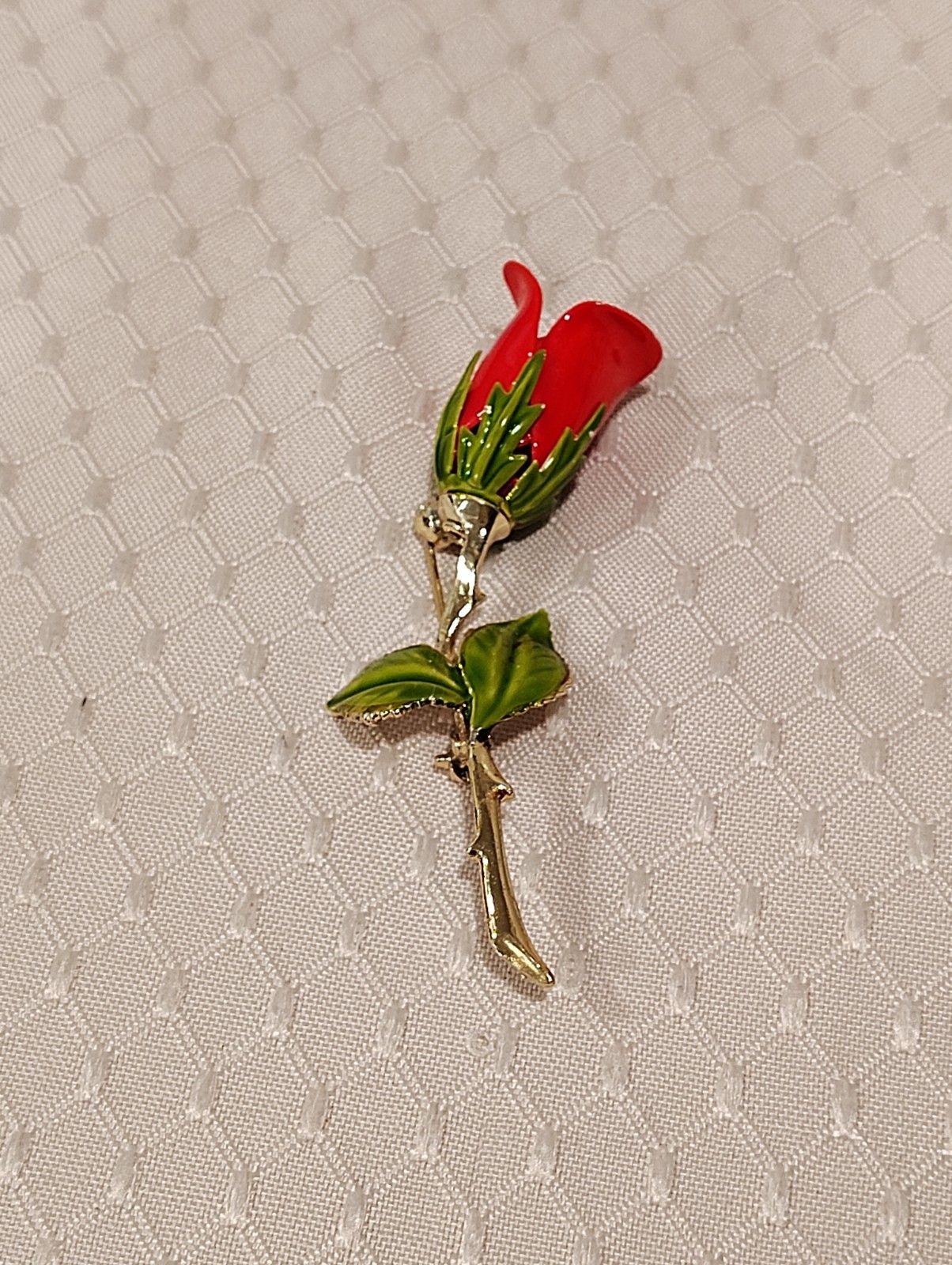 Vintage Enamel Red Rosebud Gold Stem Green Leaves Brooch Pin 3″ Long