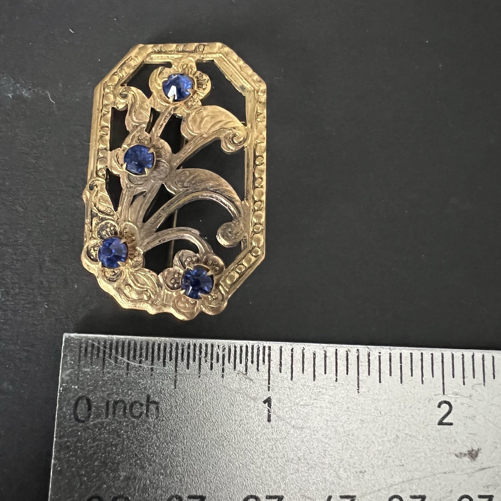 Art Deco Rectangle Floral Openwork Flower Brooch Rhinestones Antique Vtg Old Pin