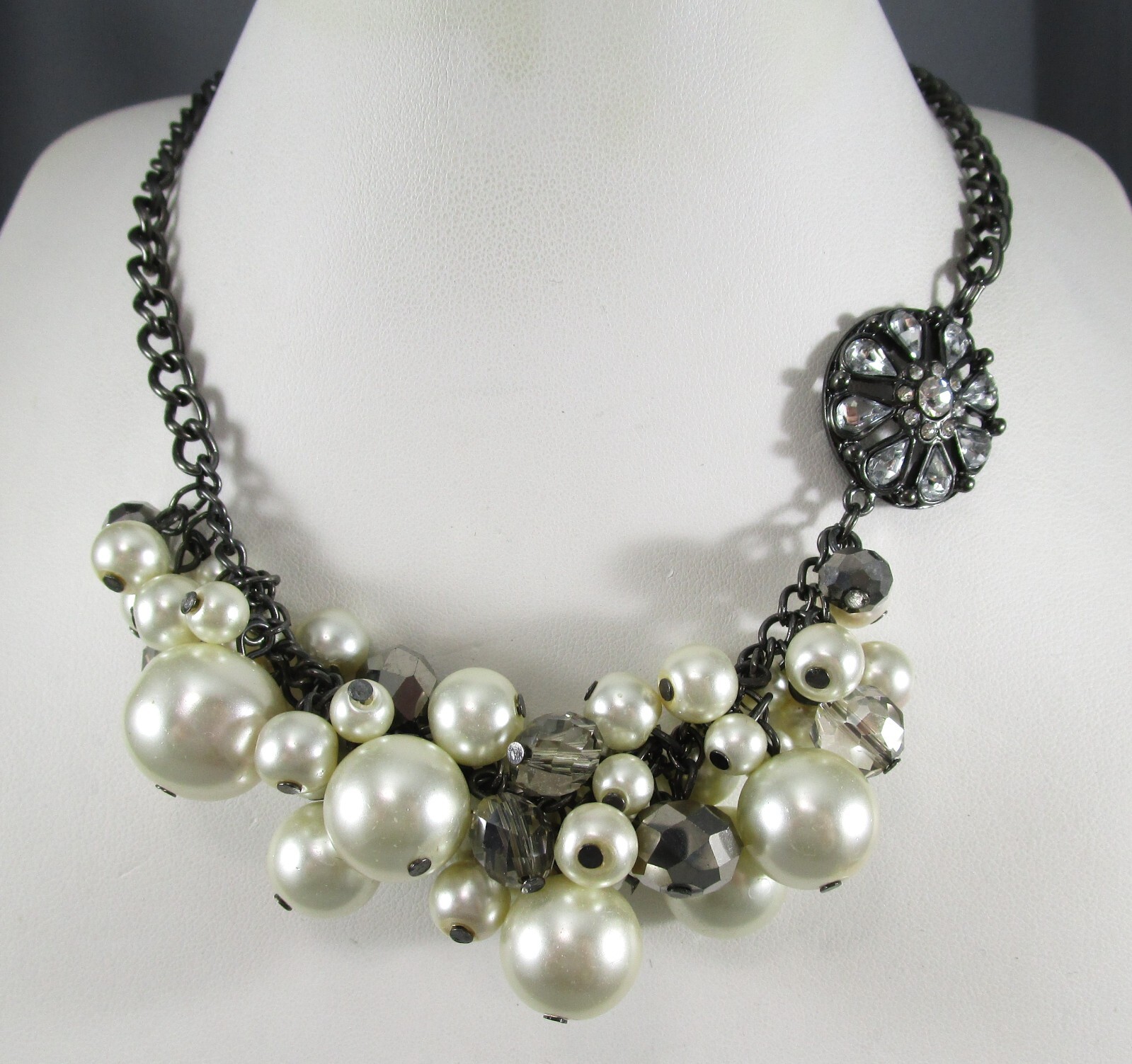 Unknown Designer Black w Cream Faux Pearl Cluster Rhinestones Necklace 5694