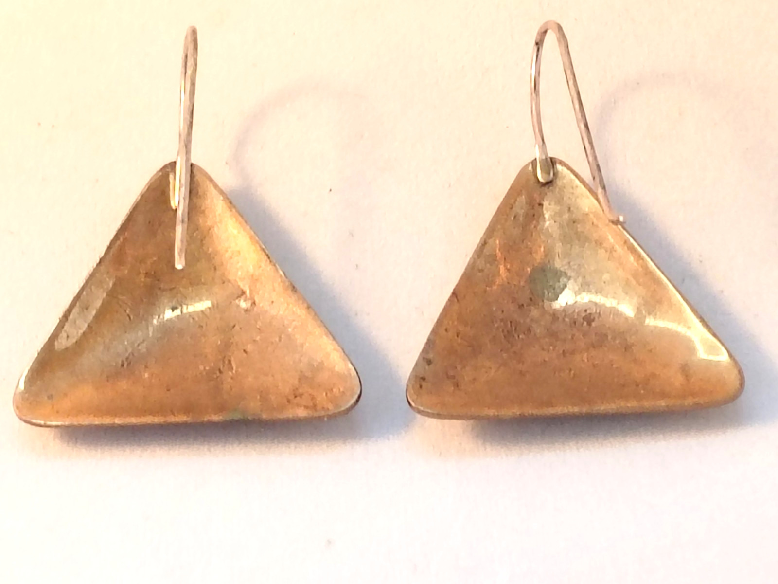Vintage Artesian Metallic Copper Tone Triangular Shape Hook Earrings Good Cond.