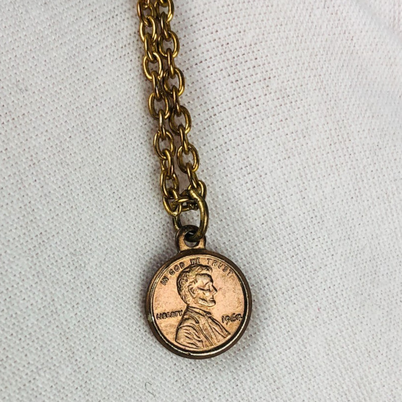 Penny Miniature 10mm Coin Charm Pendent Necklace Vintage 16″ gold tone chain