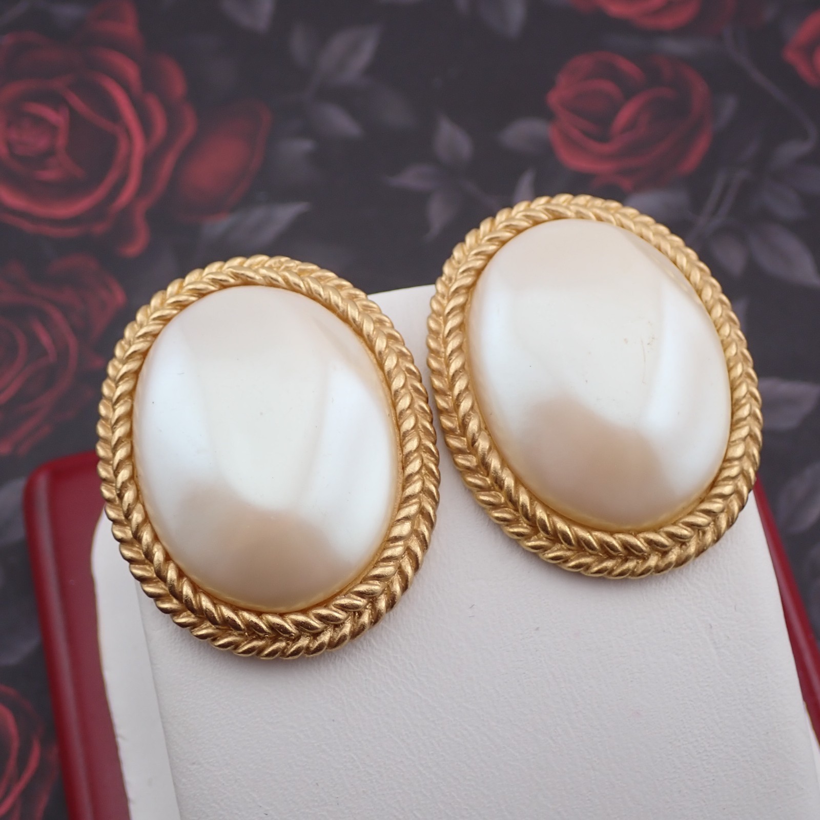 VTG YSL Yves Saint Laurent Oversized Simulated Pearl Feather Oval Earrings