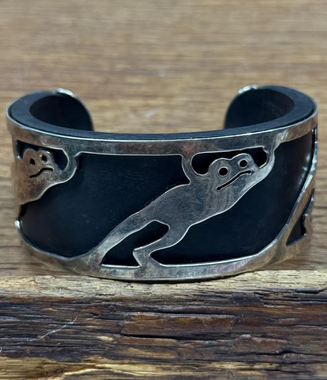 vintage cuff bracelet bangle sterling silver Ebony wood