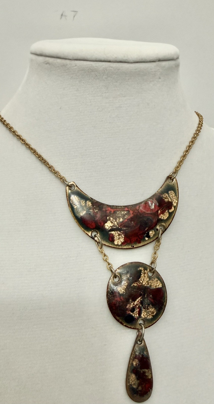Vintage Artisan Enamel Abstract Pendant Necklace Modernist Brass Tone
