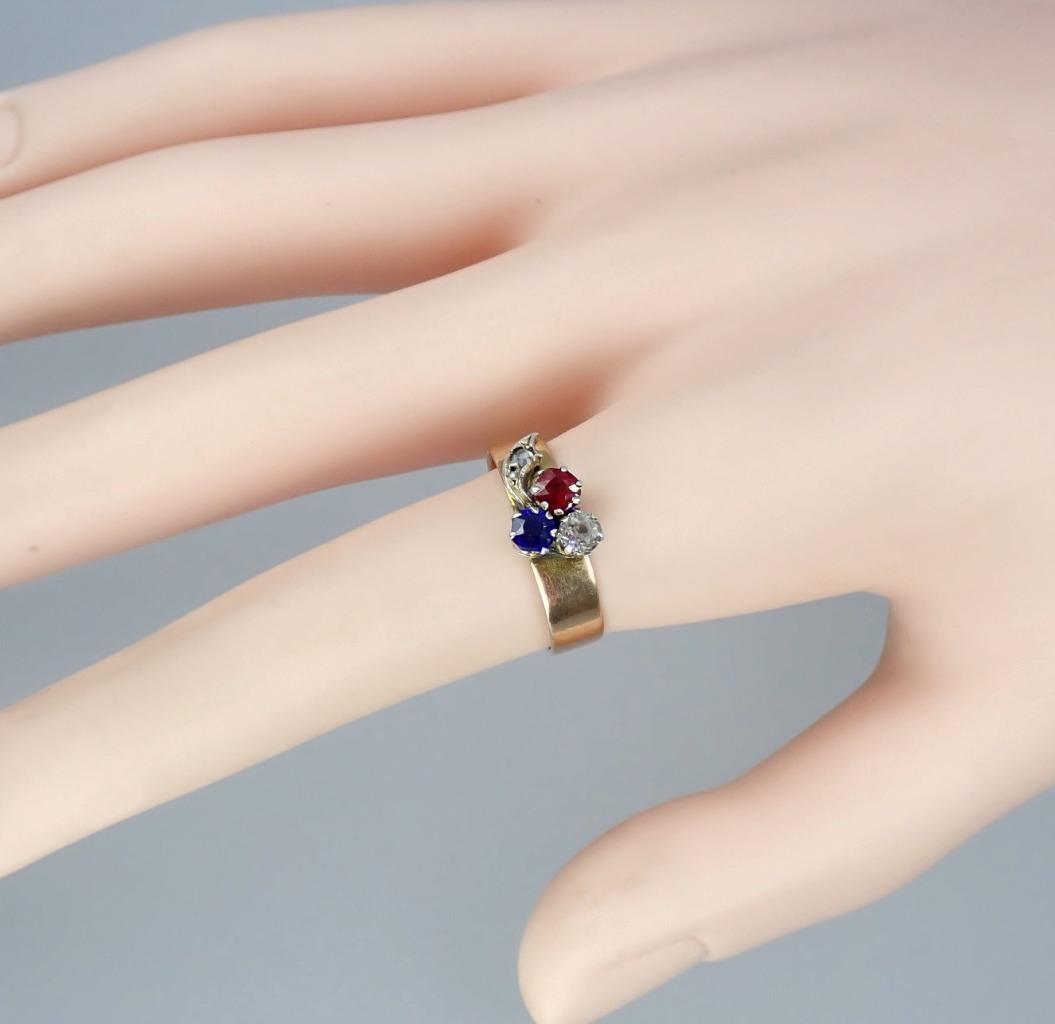 Charming Antique Victorian 14K Rose Gold Red White Blue Paste Floral Ring Size 8