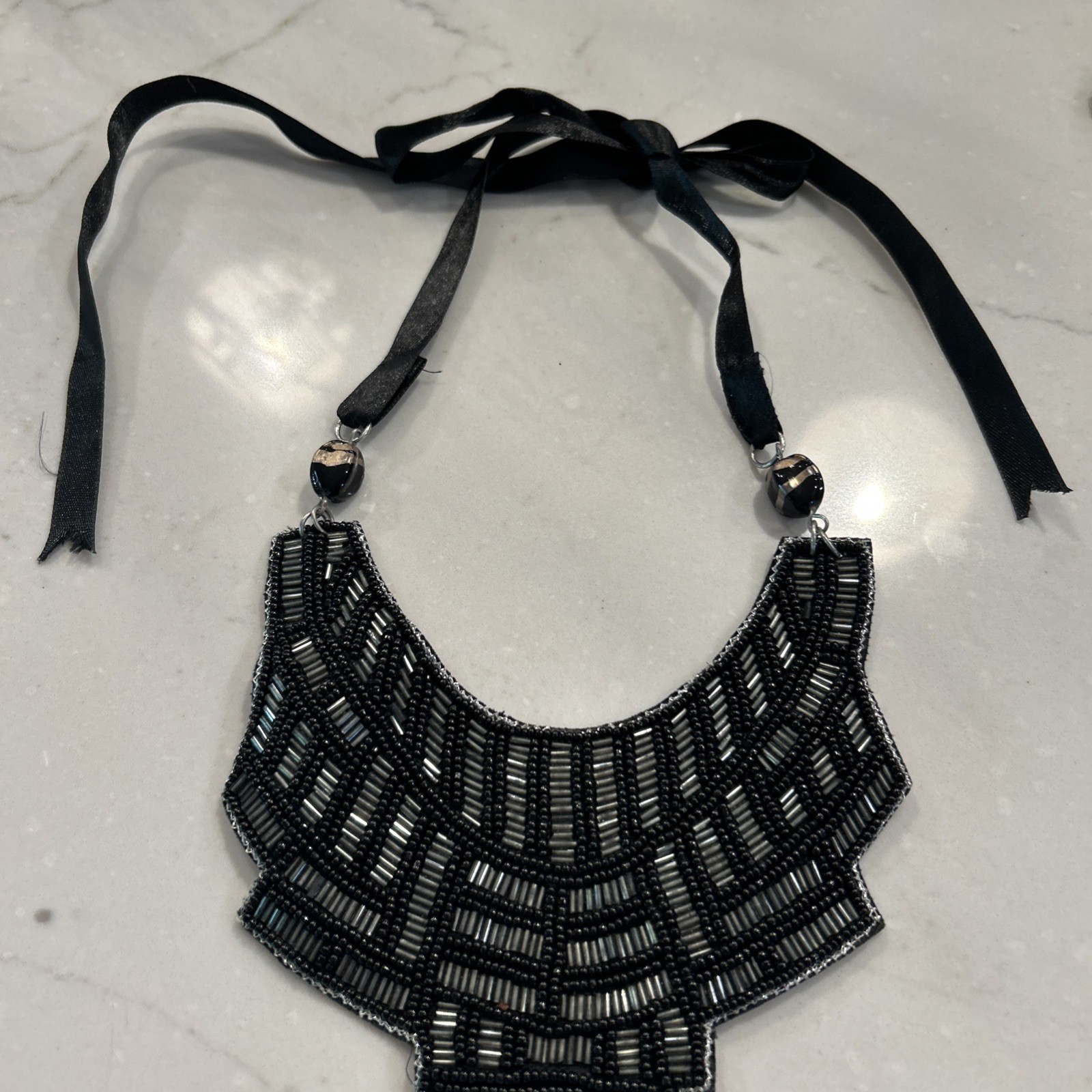 Vintage Beaded Collar Choker Necklace Black Ribbon Retro