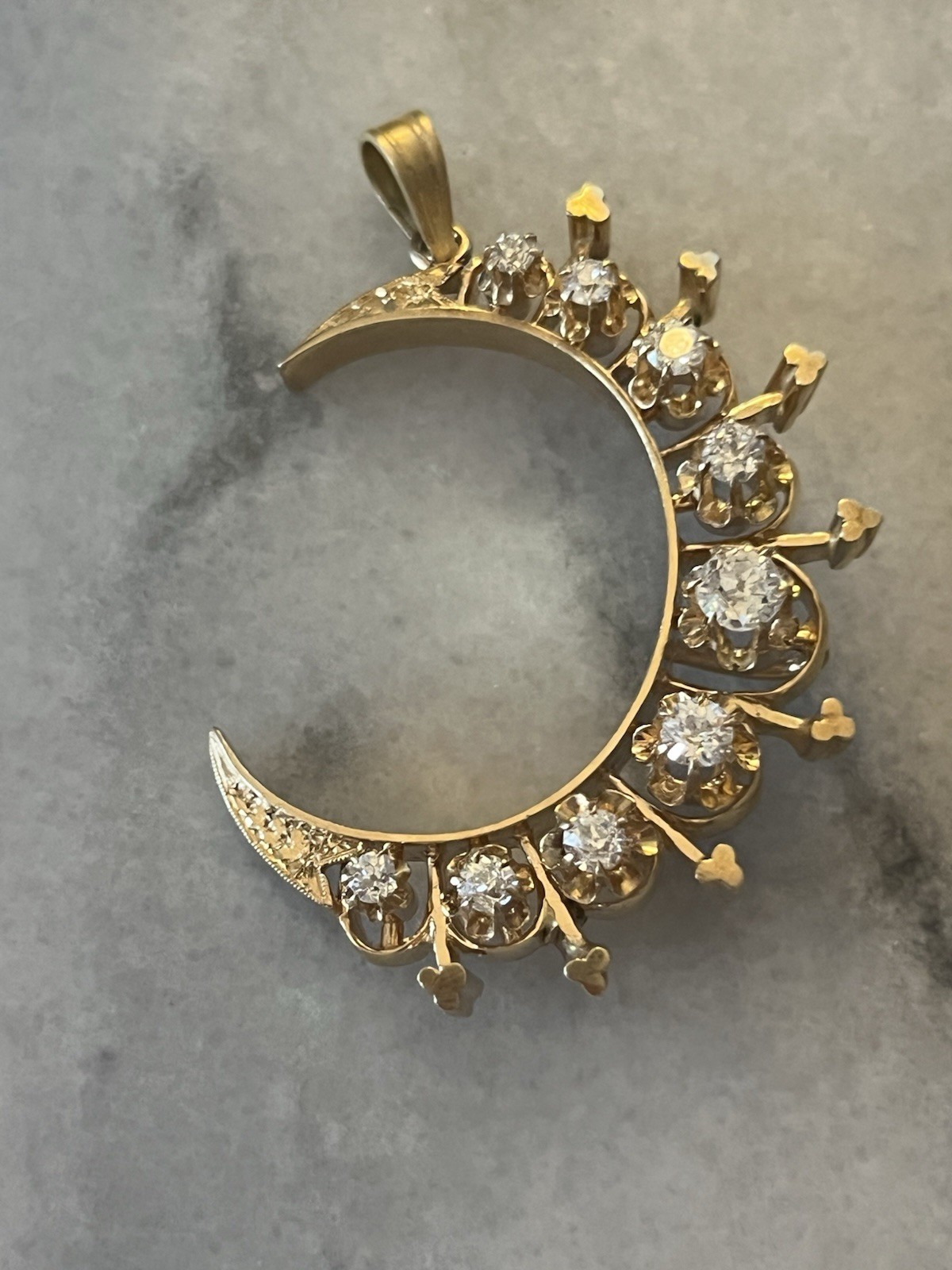 Spectacular Antique 14k Yellow Gold Diamond Crescent Moon Pendant 1920s