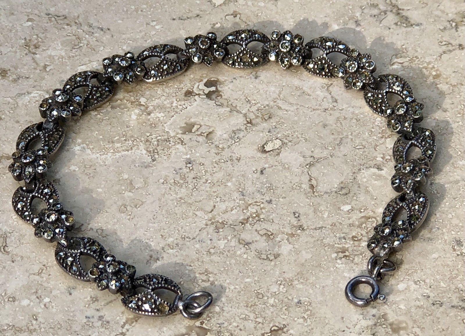 ✨VINTAGE Sterling Silver MARCASITE Floral 🌺Tennis Bracelet 🌟ESTATE Jewelry🌟