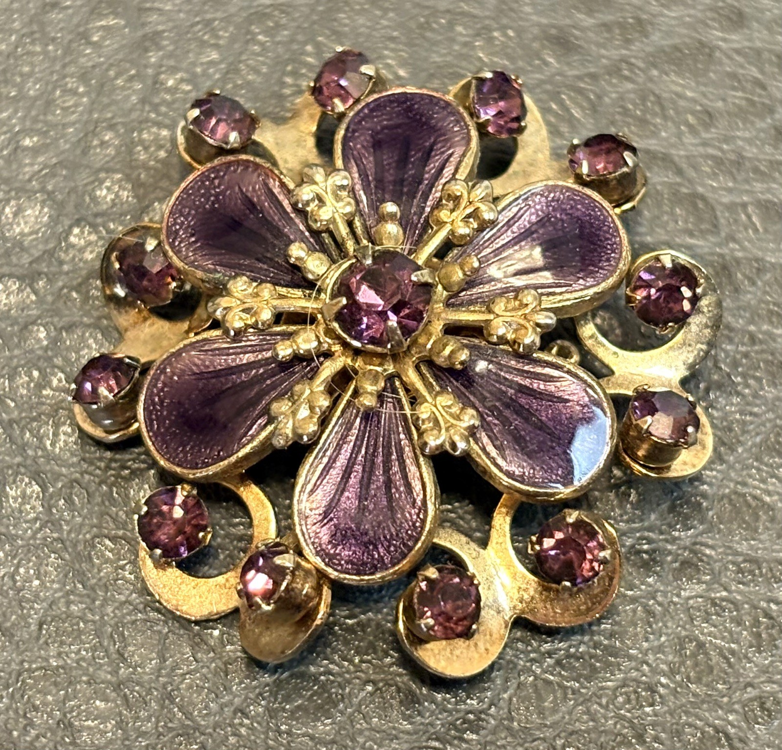 Vintage Faux Amethyst Guilloche Enamel Rhinestone FLOWER Shaped Pin Brooch