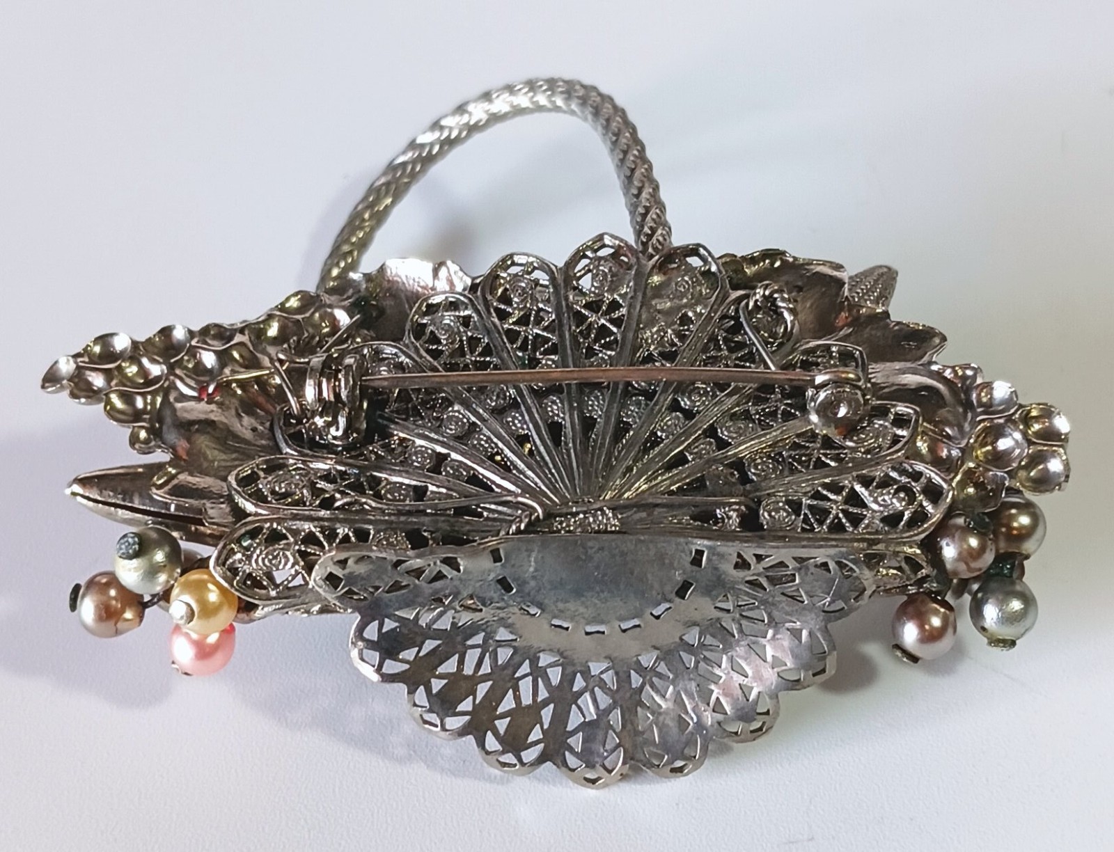 Unusual Ornate Silver-tone Vintage Harvest Veggie & Fruit Basket Brooch