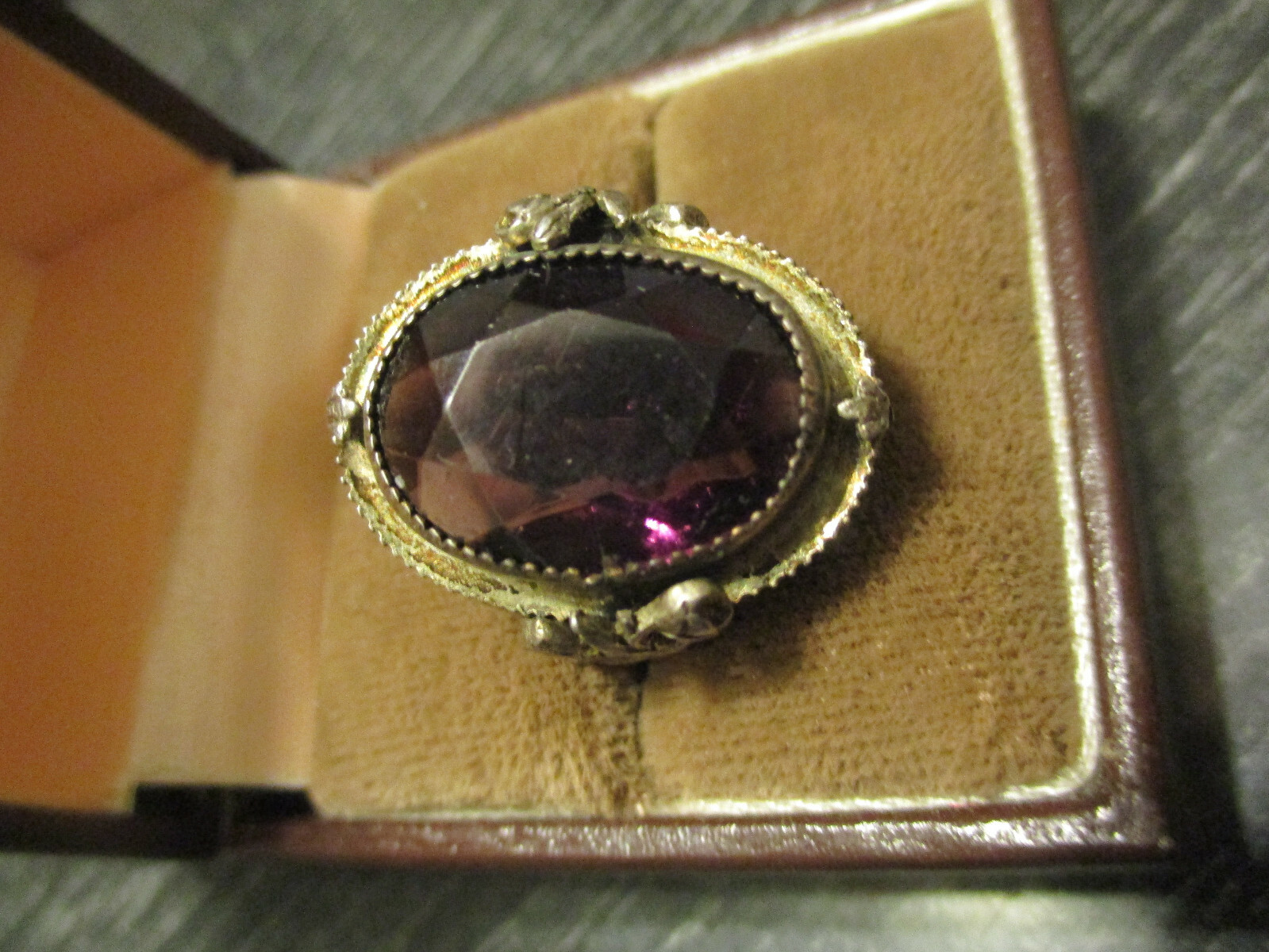 Antique Faux Amethyst Glass Sterling Silver Rose Filigree Cocktail Ring Size 6.5