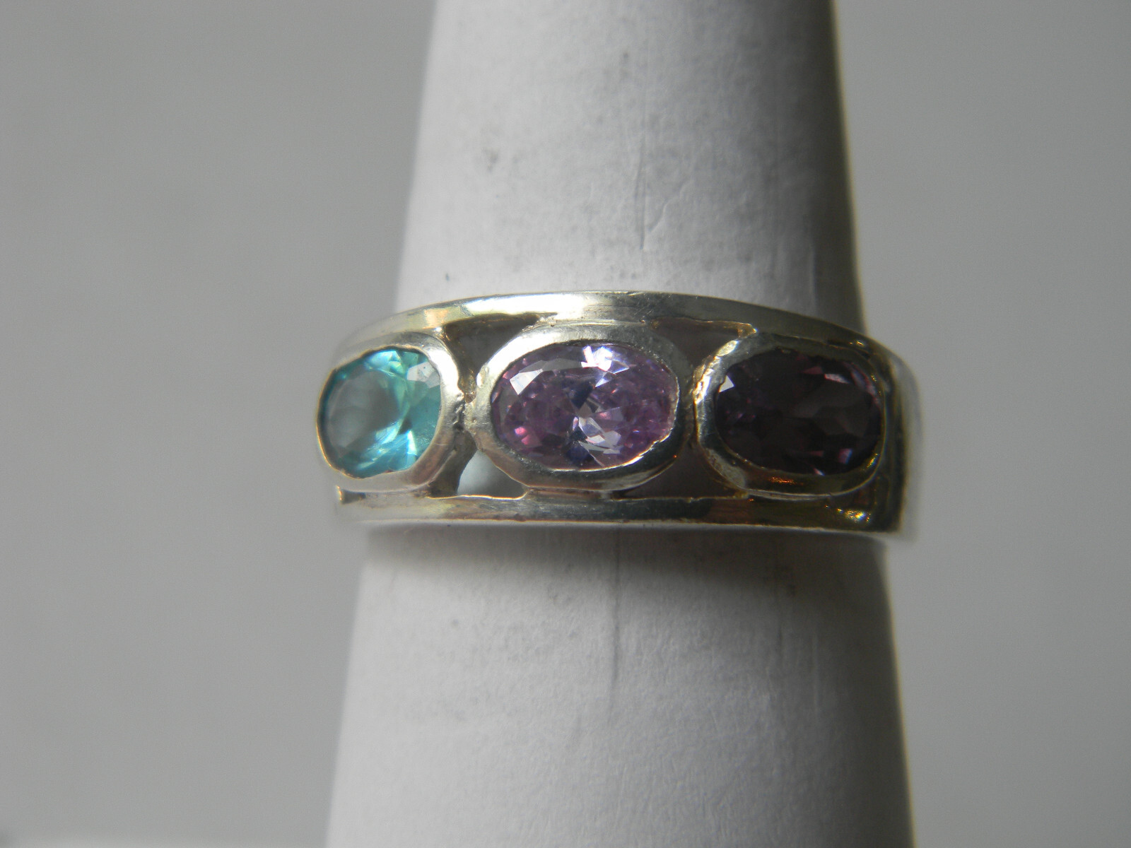 Amethyst/Pink Sapphire/Swiss Blue Topaz .925 Sterling Silver Statement Ring Sz 7