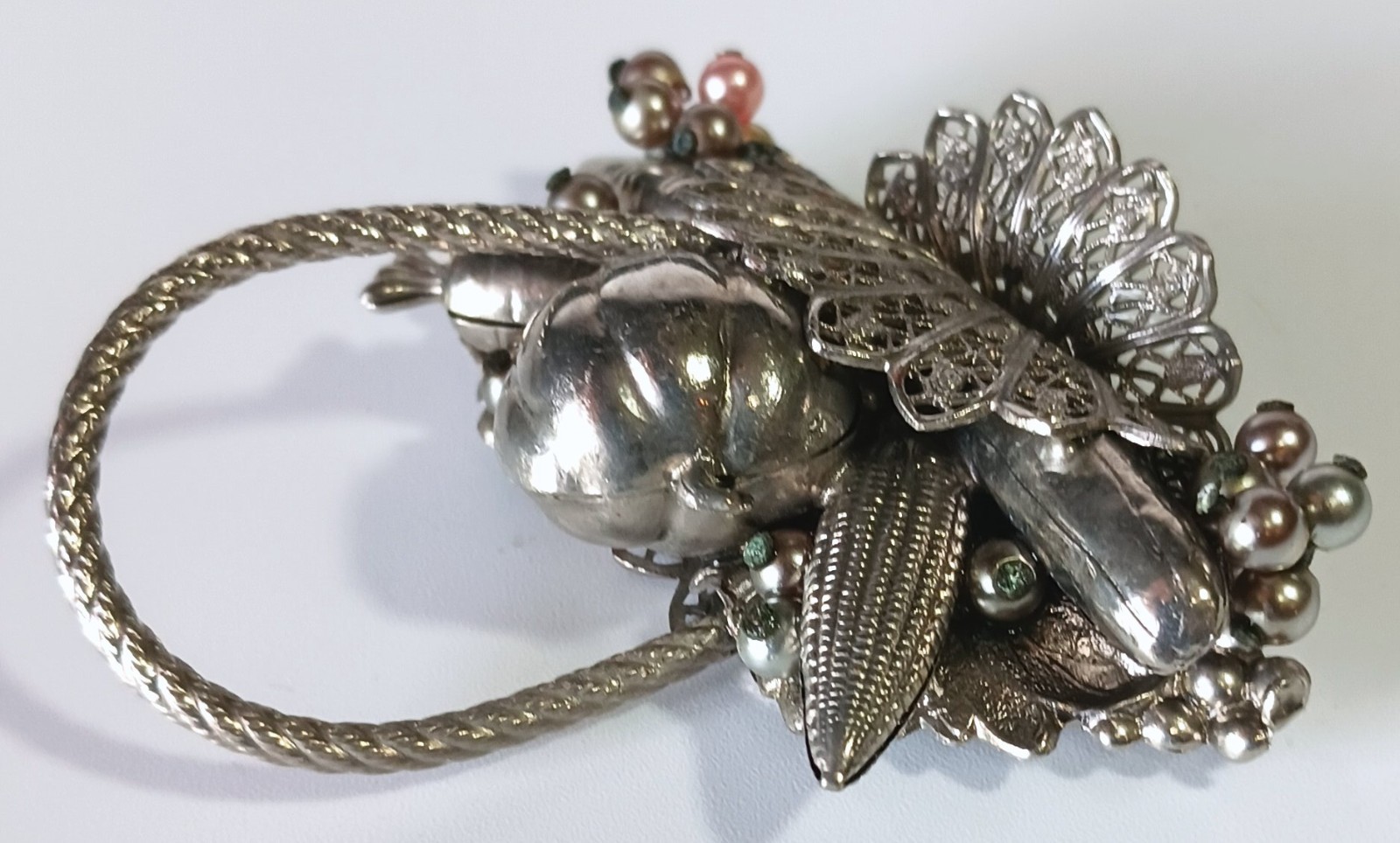 Unusual Ornate Silver-tone Vintage Harvest Veggie & Fruit Basket Brooch