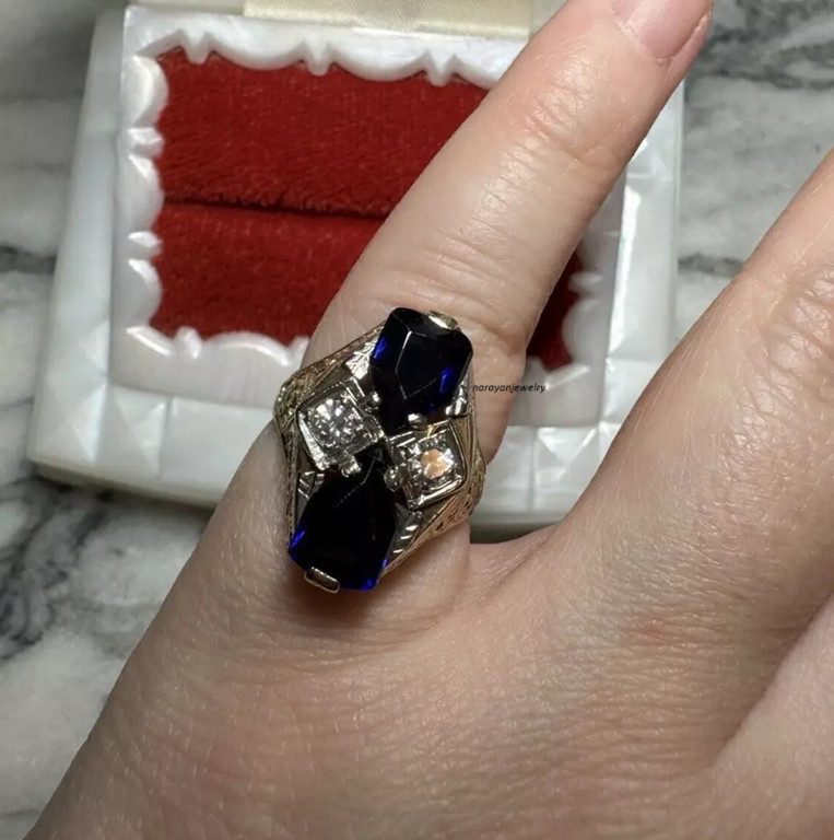 Navette 3Ct Sapphire Lab Created Old Century Vintage Ring 14K White Gold Plated