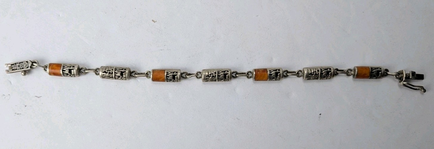 Vintage 925 Sterling Silver Peruvian Llama Orange Inlay Pendant Necklace…