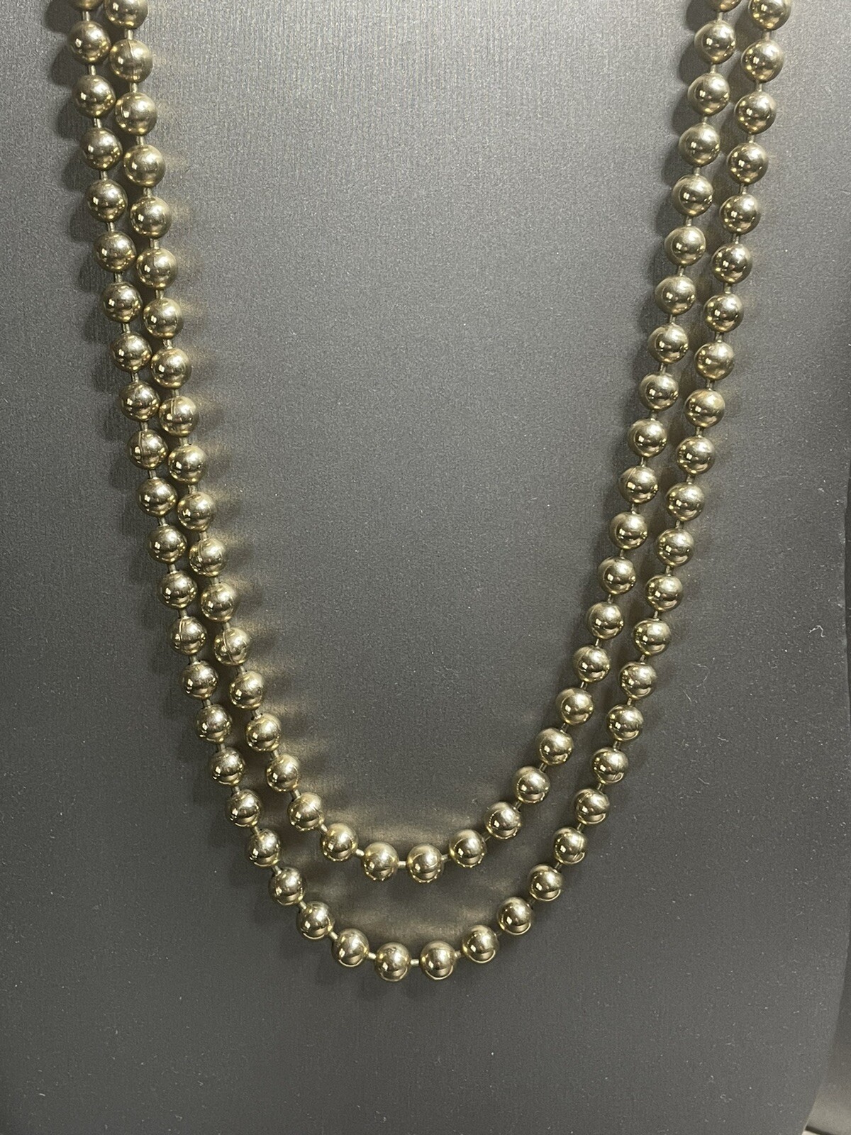 Miriam Haskell 60” Gold Tone 6.4mm Metal Bead Flapper Necklace Signature Clasp