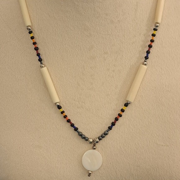 Handmade Women’s Tribal Style Necklace Beige/Multicolor 12.5 Inches