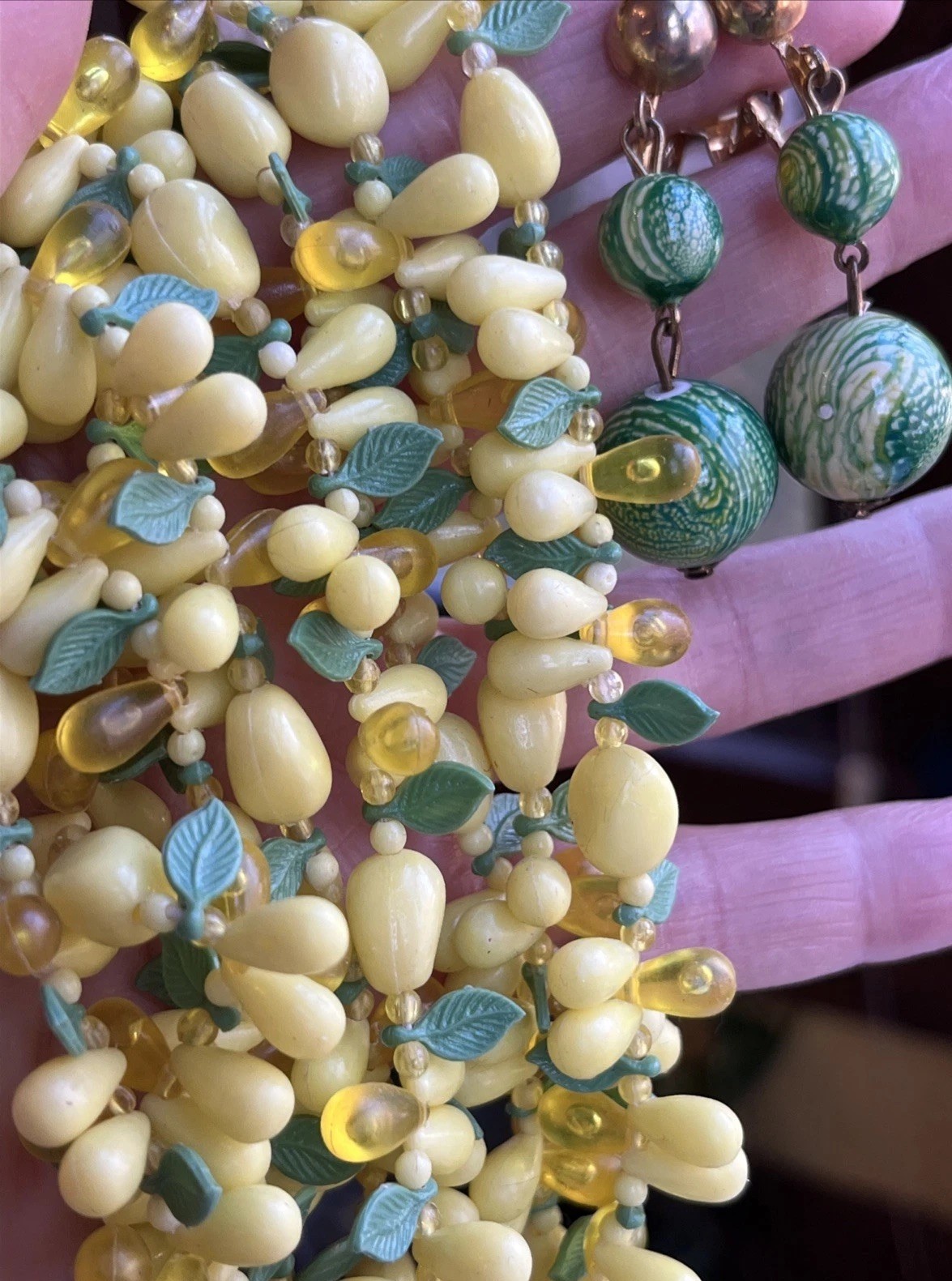 Vintage 2 Strand Tutti Fruity Lemon Necklace Czech Dangle Drop Clip Earrings Set