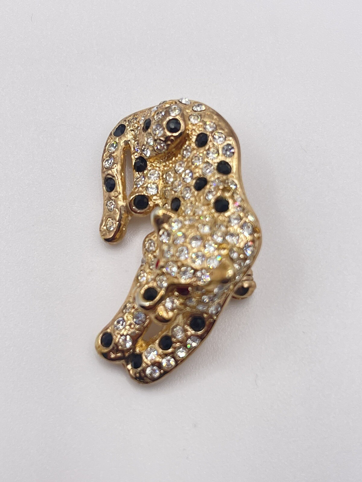 Vtg Signed Roman Black & Clear Pave’ Rhinestone Panther W/Red Eyes Brooch