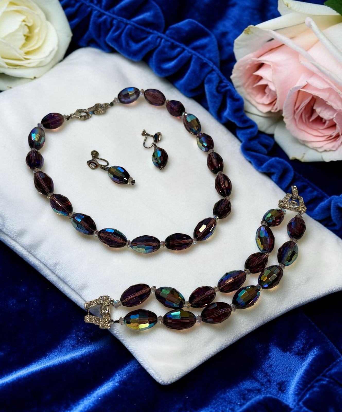 Vintage Plum AB Crystal Glass Necklace Bracelet Earrings Estate Demi Parure