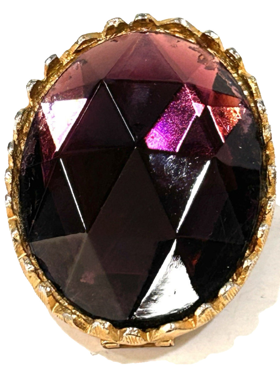VINTAGE unsigned PURPLE AMETHYST FOIL GLASS GOLD TONE OVAL PIN SLIDE 1 .75″