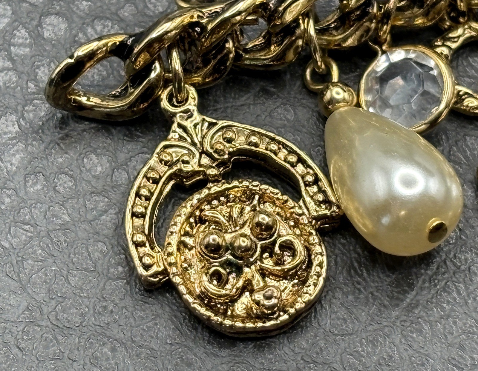 Vintage Gold Tone Charm Brooch Pearl Crystal Stations Coin Medallion Dangles
