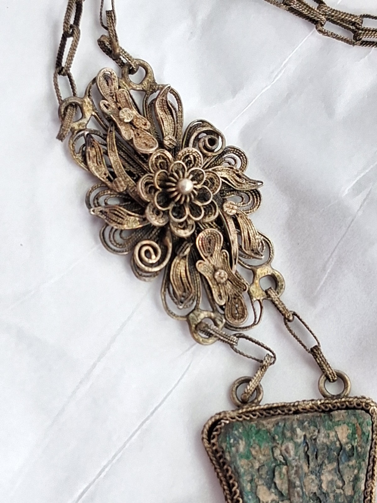 Rare Refined Art Deco Chinese Export Filigree Necklace Spade Money YAN