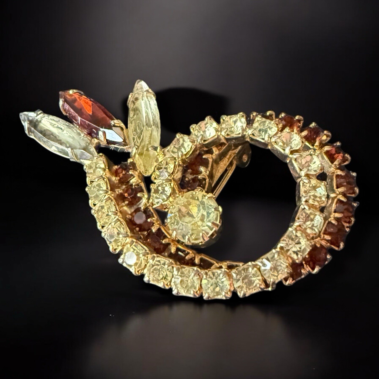 Rhinestone Spiral Brooch Amber Clear Navette Mid Century Modern Vintage Pin