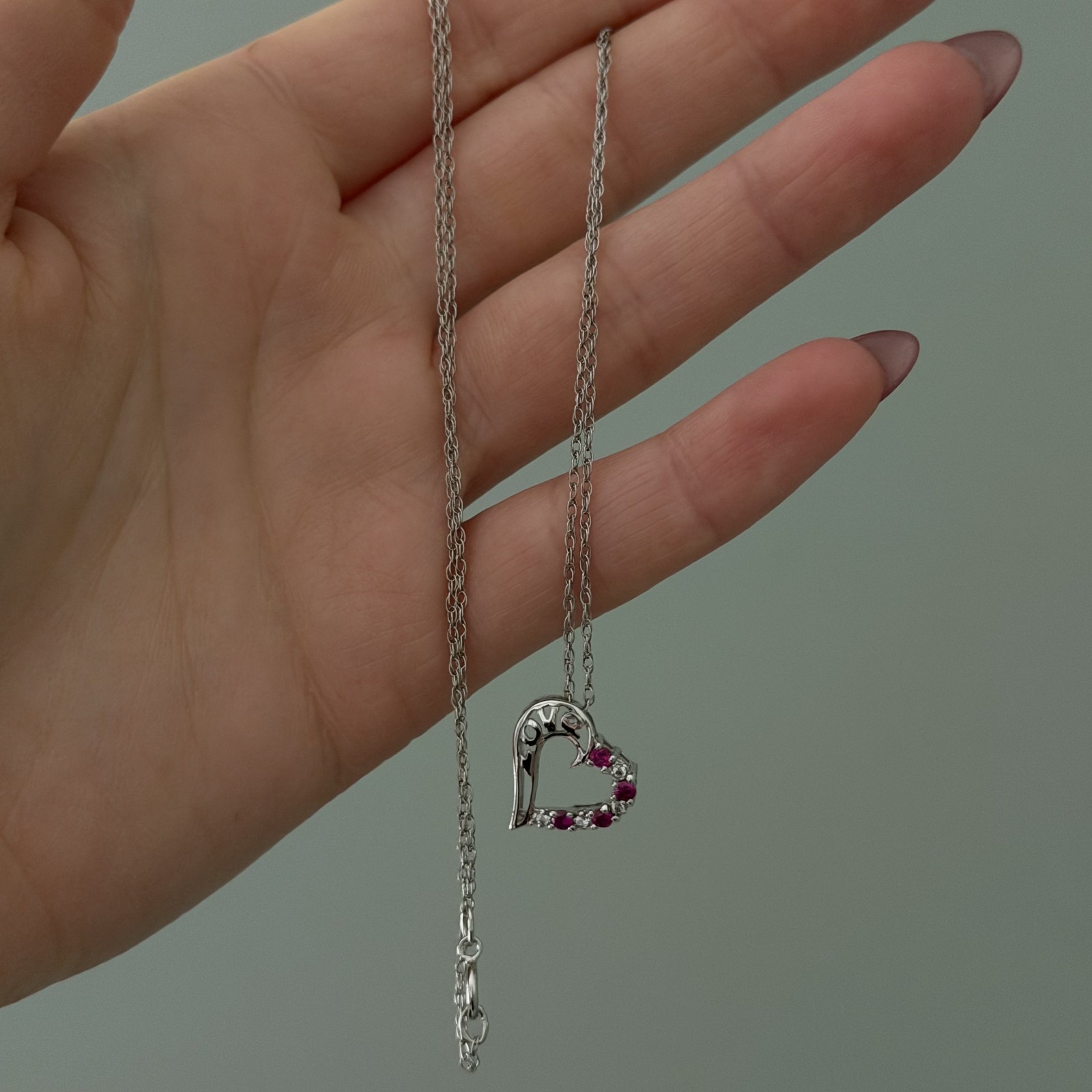 Lenox 925 Sterling Silver Vintage Ruby & CZ Open Heart Love Dainty Necklace 18″