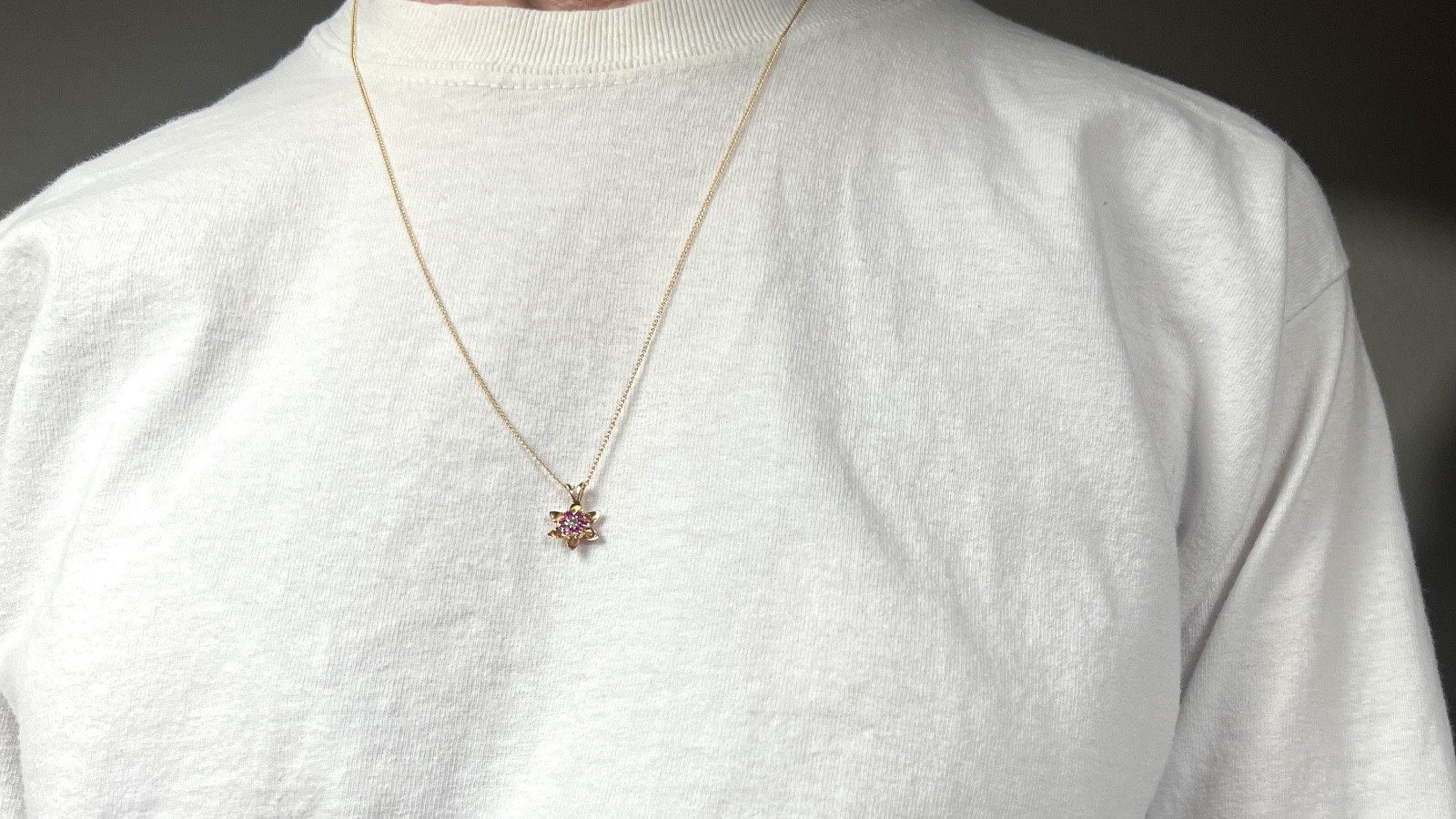 14K Solid Yellow White Gold Ruby Diamond Flower Pendant Necklace, Lab Ruby