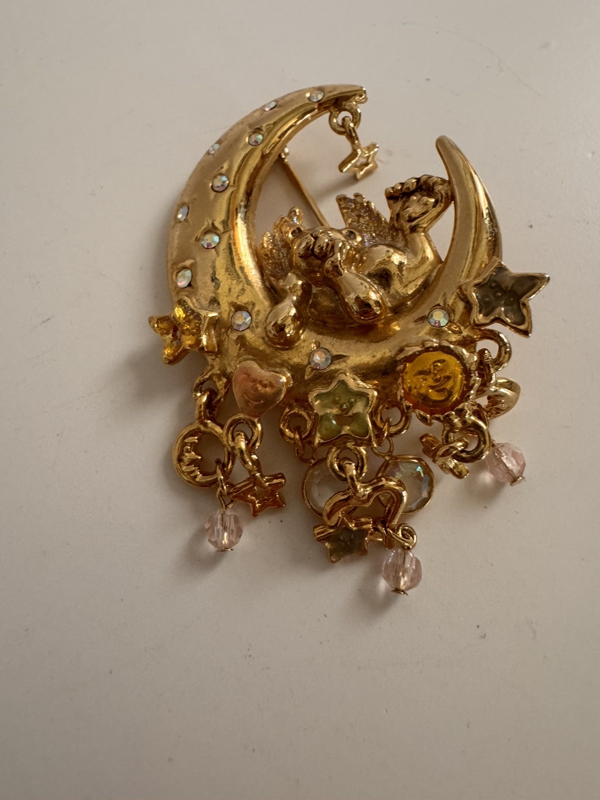 Vintage Kirks Folly Angel Cherub Moon & Stars Crystal Gold Tone Brooch Pin 2.5″